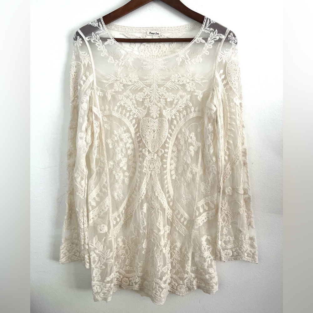 Phase One |Cream Lace Blouse Lacey Crochet Cotton Tunic Size S Boho Western